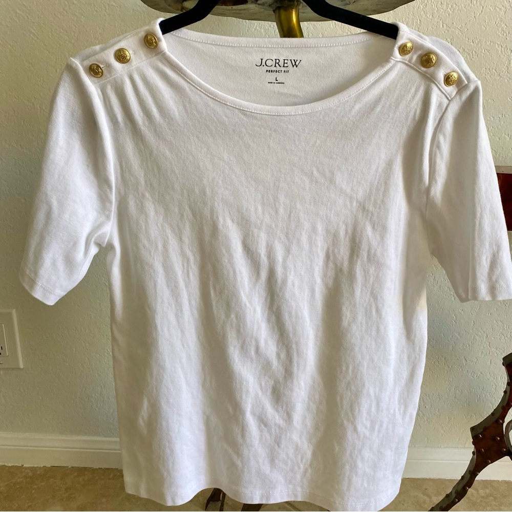 J. Crew perfect fit white tee with gold buttons